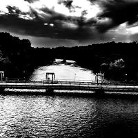 view of Red Cedar River near north campus; photo was taken for black and white project